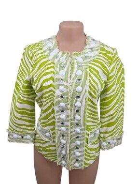 VTG The Collective Works of Berek Zebra Jacket Lime Beaded Women PM 90s Glam